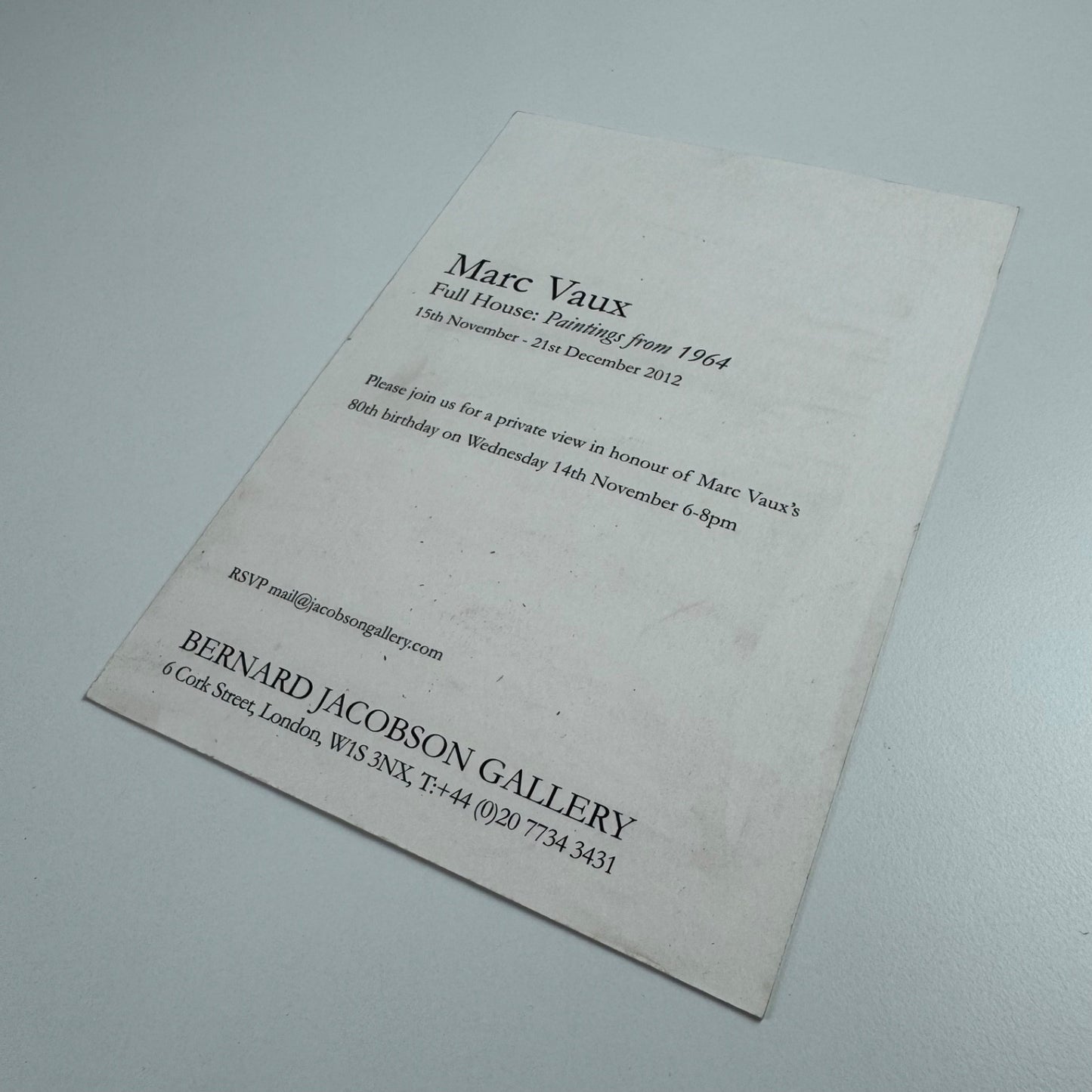 Private view invitation for Marc Vaux. Paintings from 1964 | Bernard Jacobson Gallery, 2012