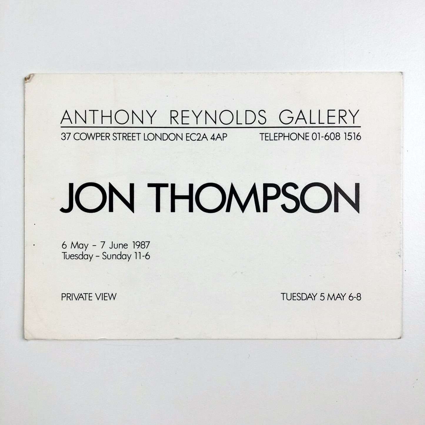 Jon Thompson | Anthony Reynolds Gallery – private view card, 1987
