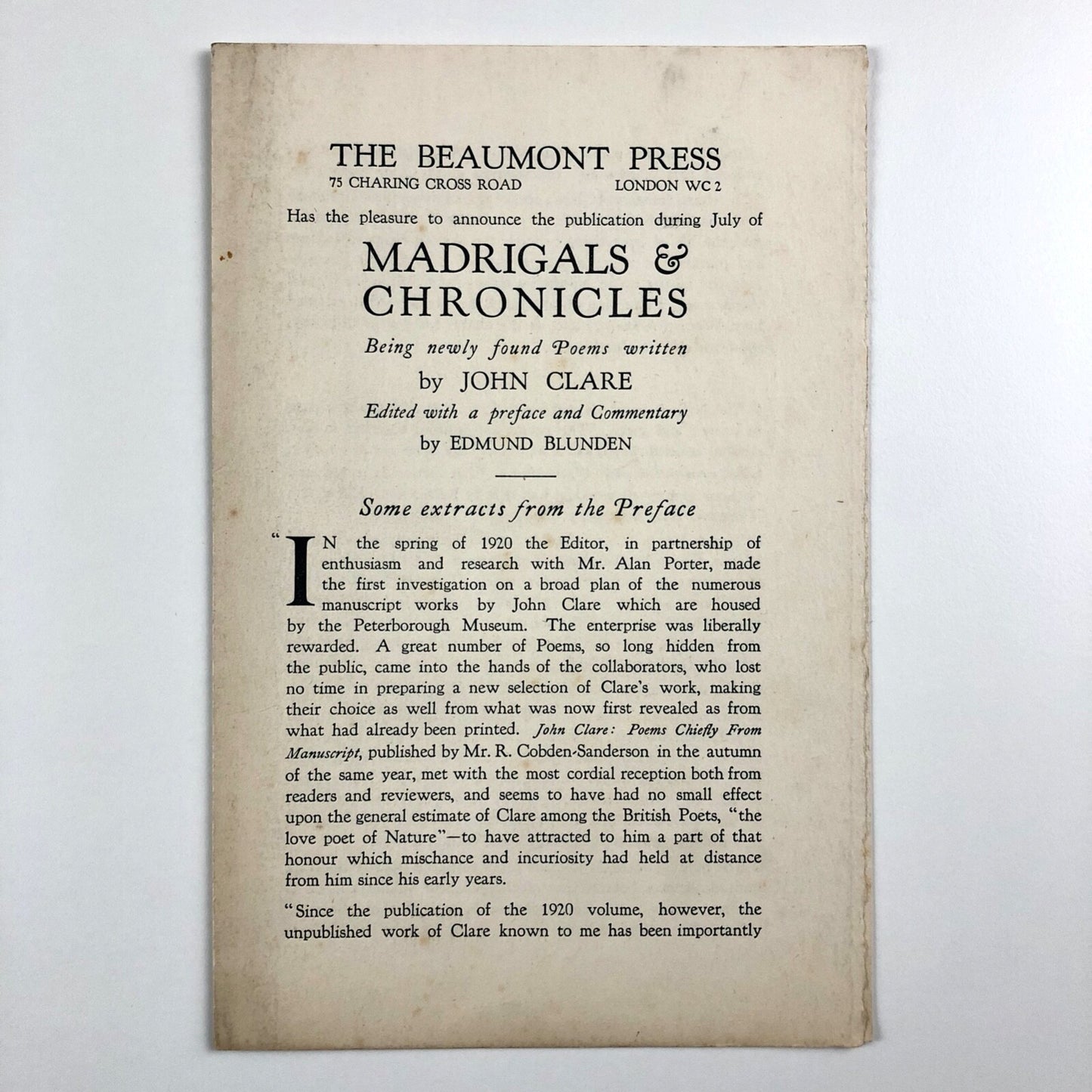 Prospectus for Madrigals & Chronicles by John Clare | The Beaumont Press c.1924
