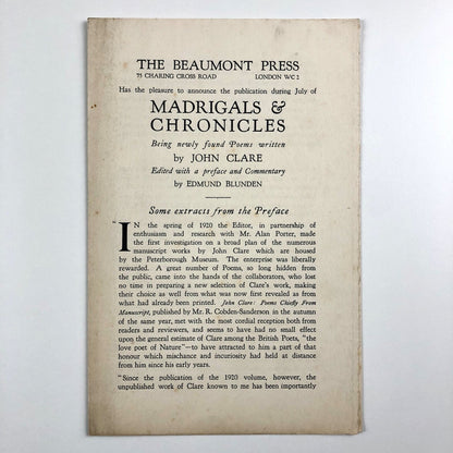 Prospectus for Madrigals & Chronicles by John Clare | The Beaumont Press c.1924