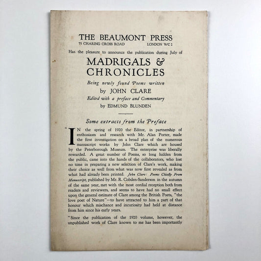 Prospectus for Madrigals & Chronicles by John Clare | The Beaumont Press c.1924