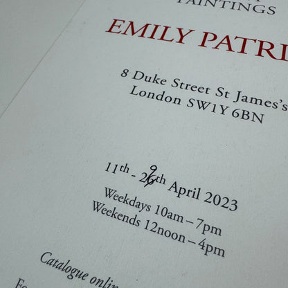 Promotional card for Recent Paintings Emily Patrick St James's 2023