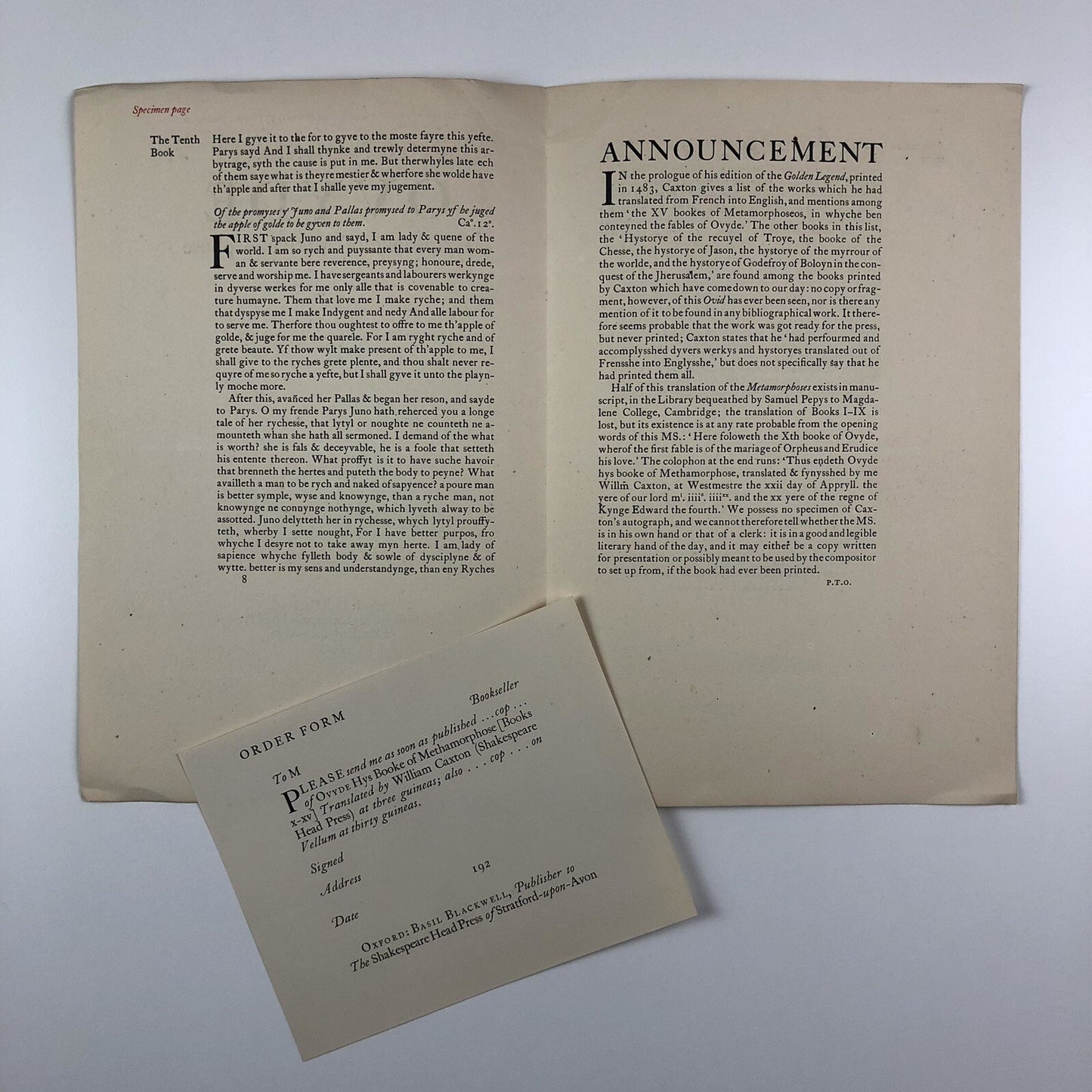 Prospectus – Ovyde Hys Booke of Methamorphose | William Caxton | Basil Blackwell 1923