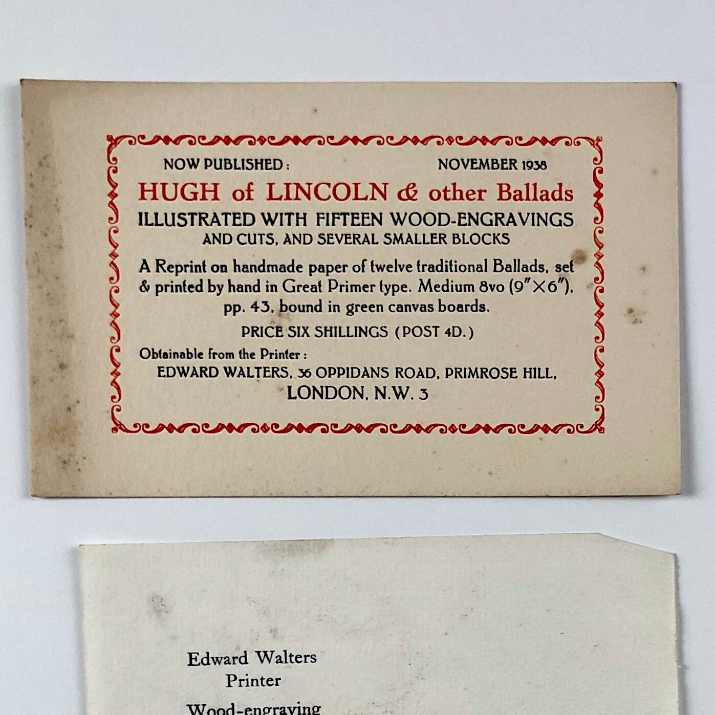 Four pieces of printed ephemera relating to Edward Walters | Fleece Press, c.1930s