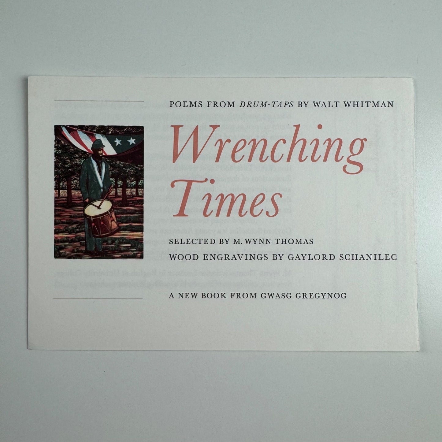 Order form for Wrenching Times Poems from the drum-taps Walt Whitman, wood engravings by Gaylord Schanilec | Gwasg Gregynog