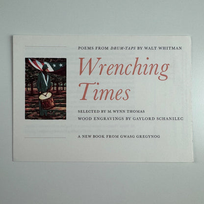 Order form for Wrenching Times Poems from the drum-taps Walt Whitman, wood engravings by Gaylord Schanilec | Gwasg Gregynog
