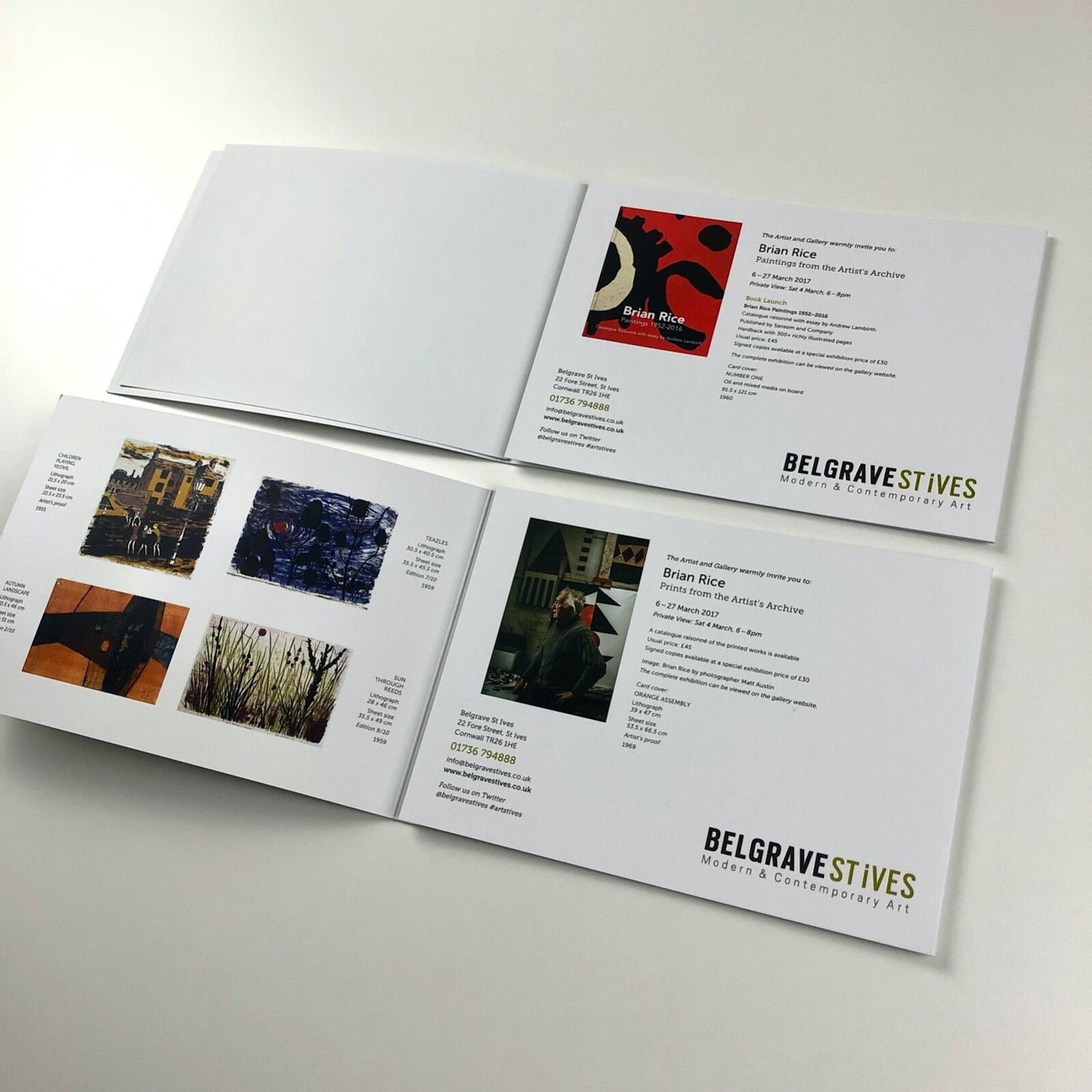Brian Rice – 2017 Prints / Paintings from the Artist's Archive | Two folded cards with price list, Belgrave Gallery, 2017