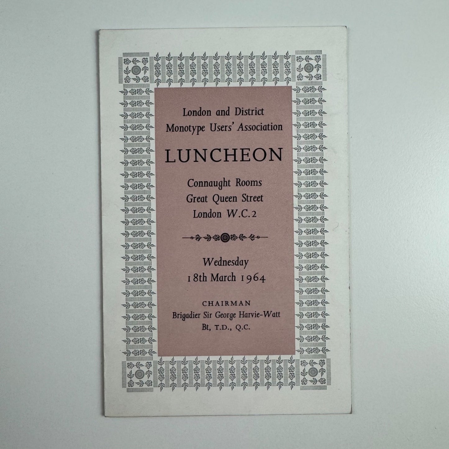 Menu for London and District Monotype Users' Association Monotype Joanna