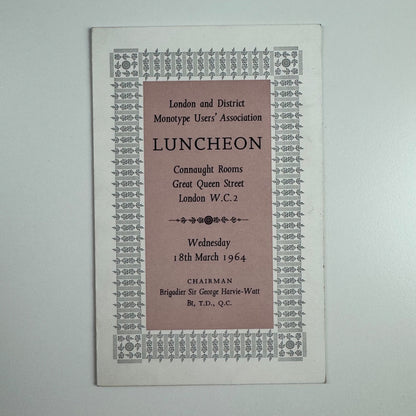 Menu for London and District Monotype Users' Association Monotype Joanna