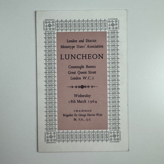 Menu for London and District Monotype Users' Association Monotype Joanna