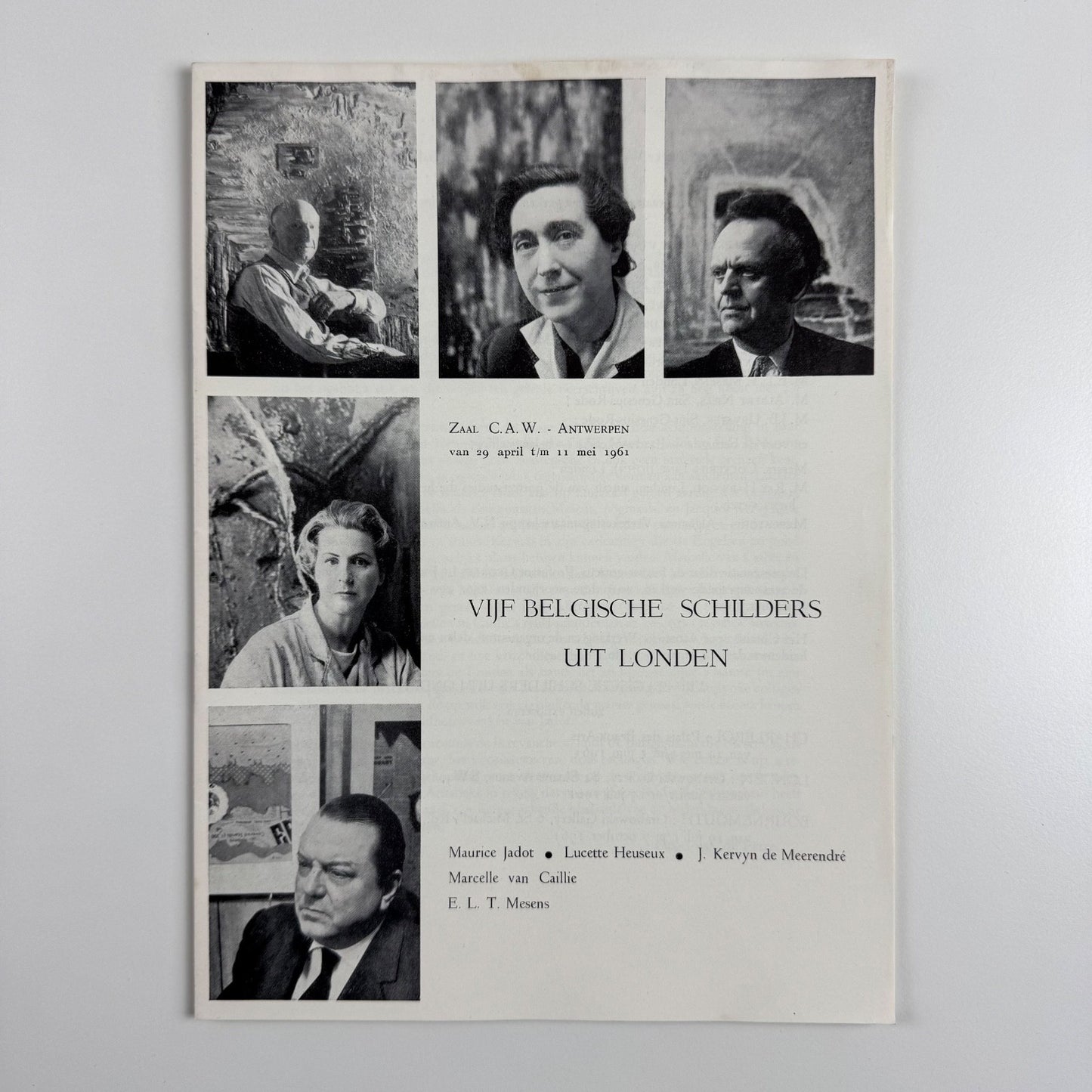 Leaflet Vijk Belgische Schilders uit Londen (Five Belgium painters) Maurice Jadot, Lucette Heseux, J. Kervyn de Meerendré, Marcelle van Caillie | Mesens 1961