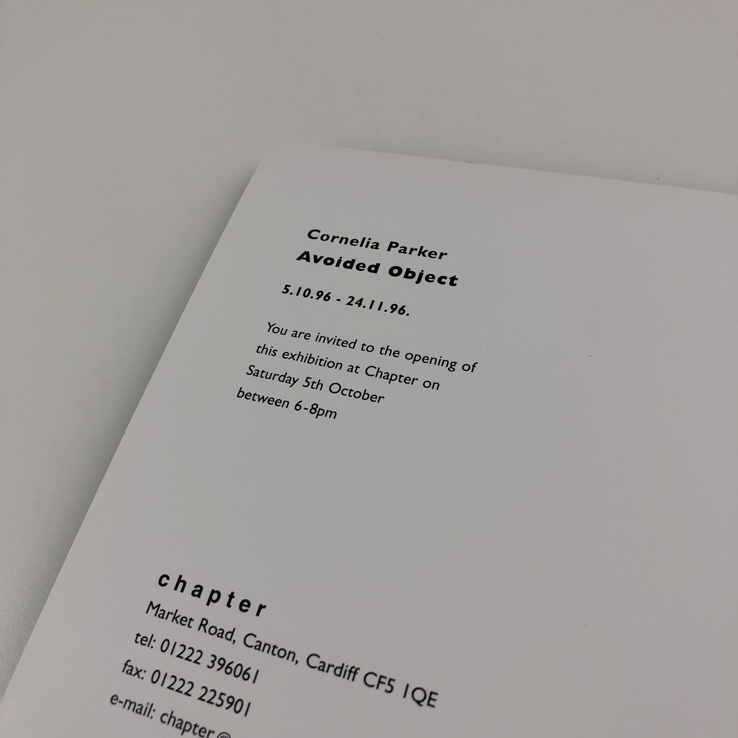 Cornelia Parker. Avoided Object | Private view invitation | Chapter Cardiff 1996