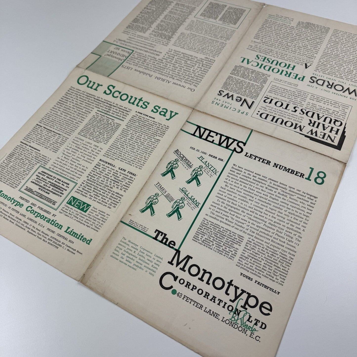 Monotype News Letter 18 | 23 February 1935 | Fold-out type specimen sheet