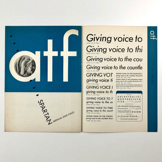 Spartan Medium and Medium Italic type specimen leaflet | American Type Founders, undated