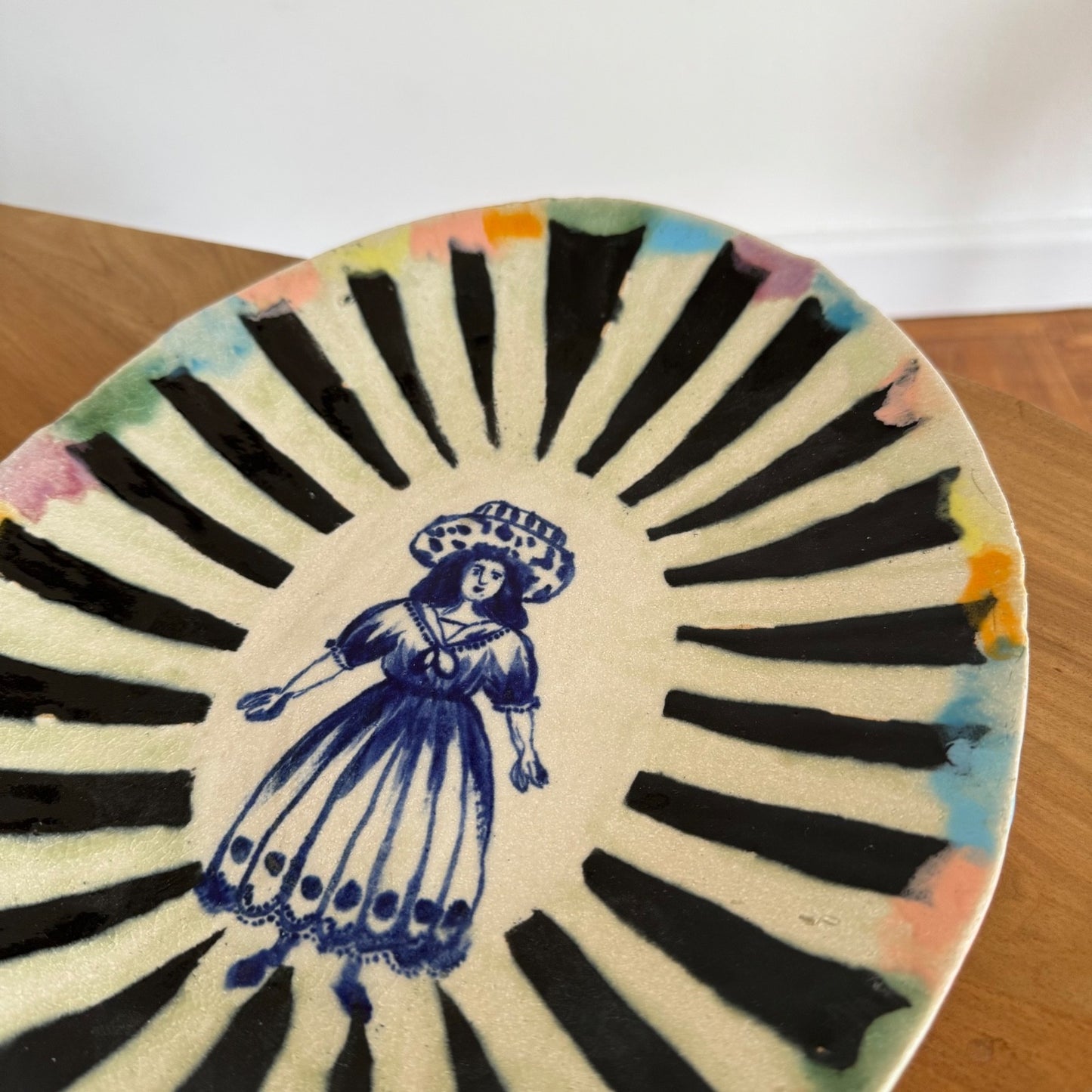 Francesca Kaye medium ceramic plate female figure folk art style signed