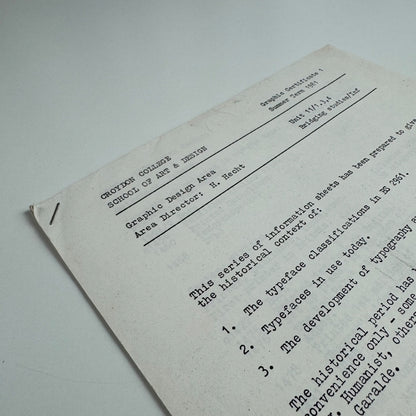 Information sheets from Croydon College School of Art & Design. Graphic Design Area. Area Director Herman Hecht Summer term 1981