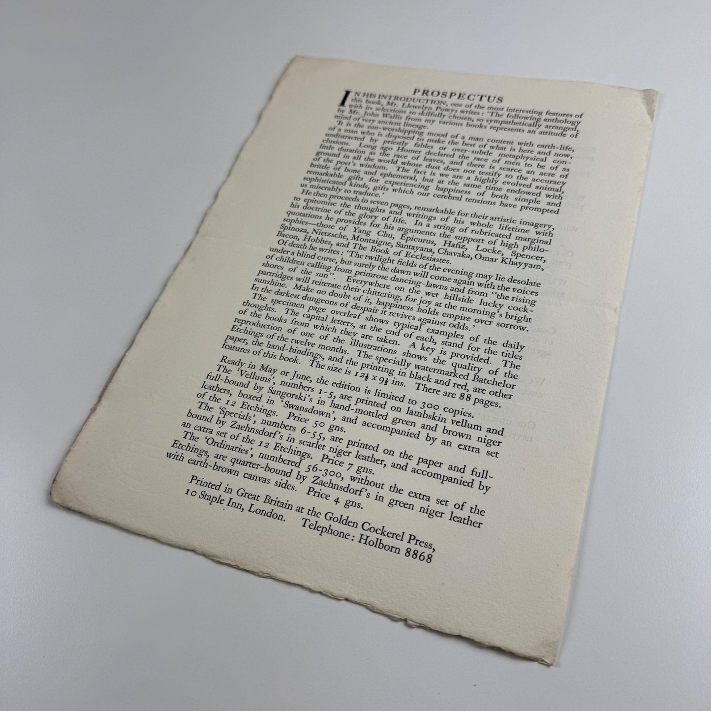 Prospectus for The Book of Days of Llewelyn Powys Golden Cockerel Press, 1937