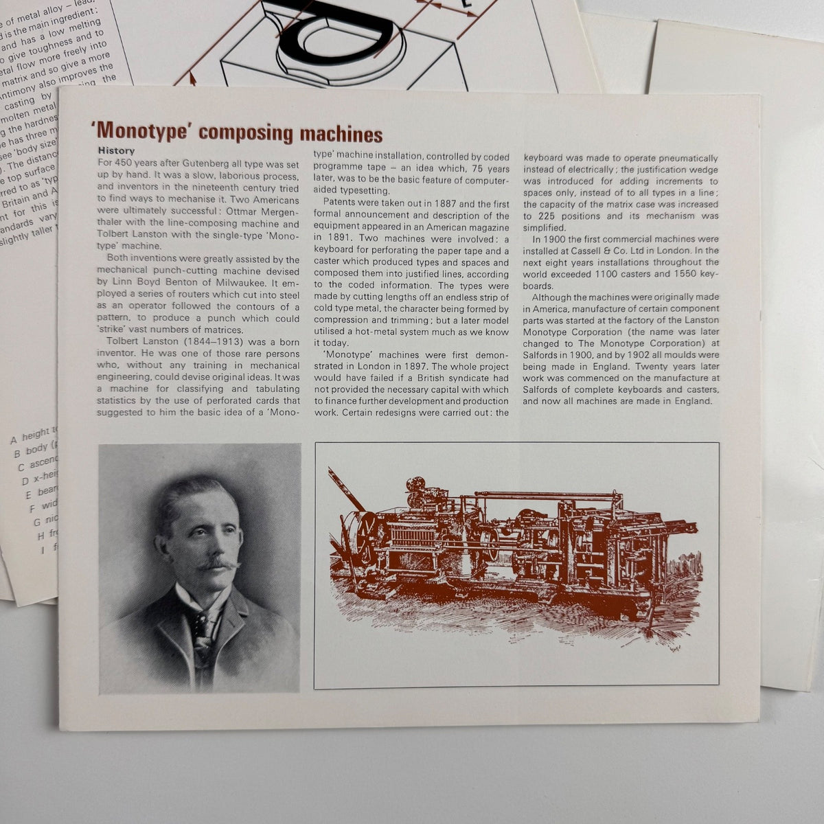 'Monotype' type study leaflets for students: Composition rules, Spacing, 'Monotype' composing machines folder + four leaflets
