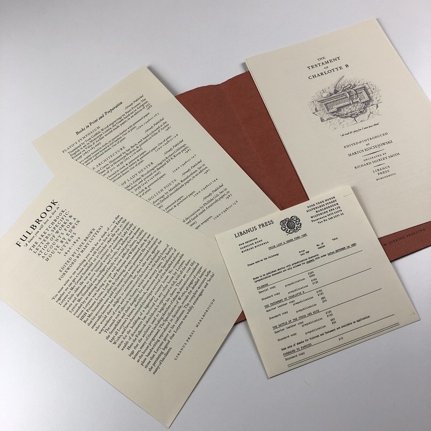 Libanus Press Books 1988-89 promotional folder and five inserts 1988