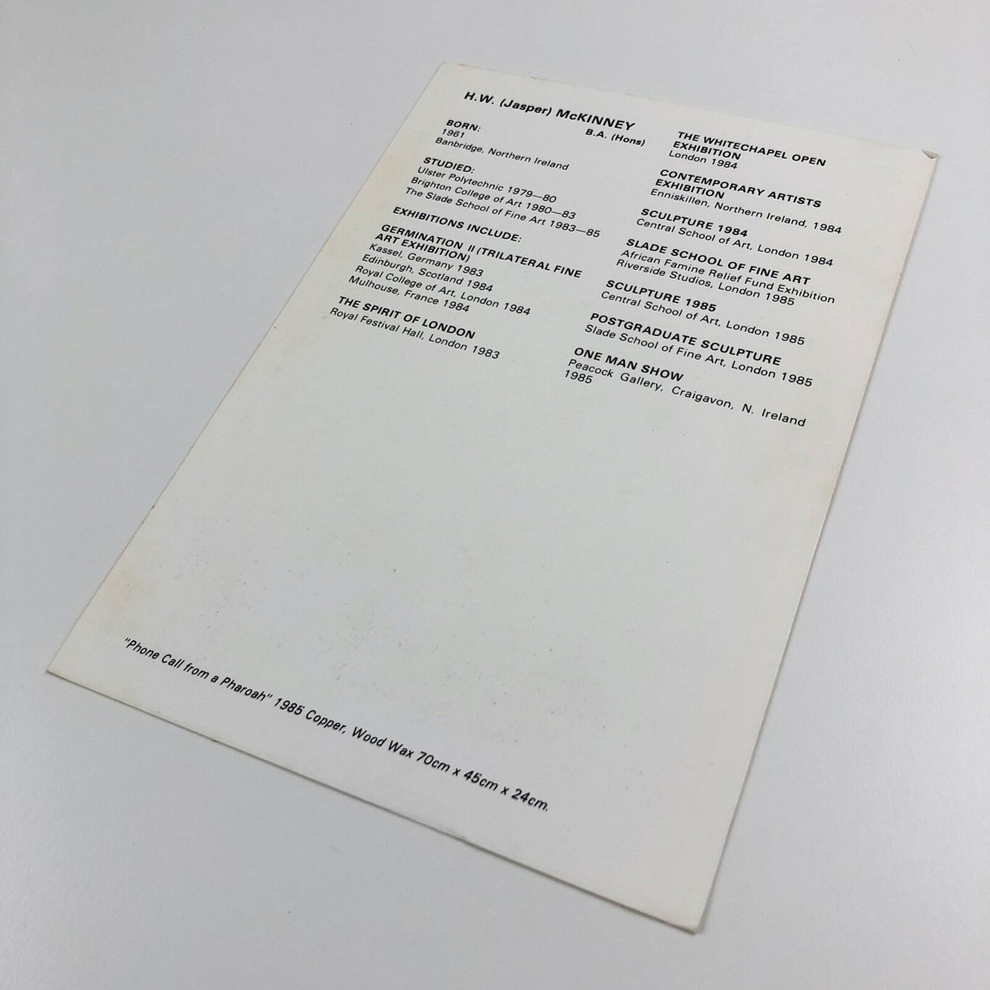 H.W. (Jasper) McKinney – promotional card | Phone call from a Pharoah, 1985