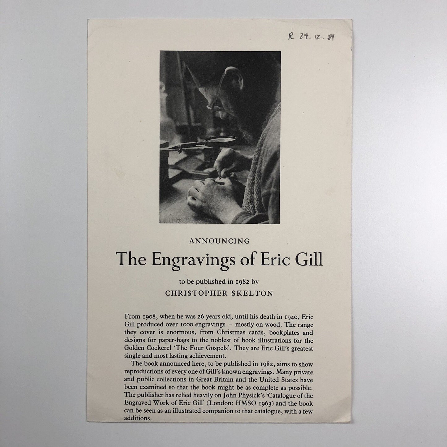 Promotional leaflet/prospectus The Engravings of Eric Gill | Christopher Skelton
