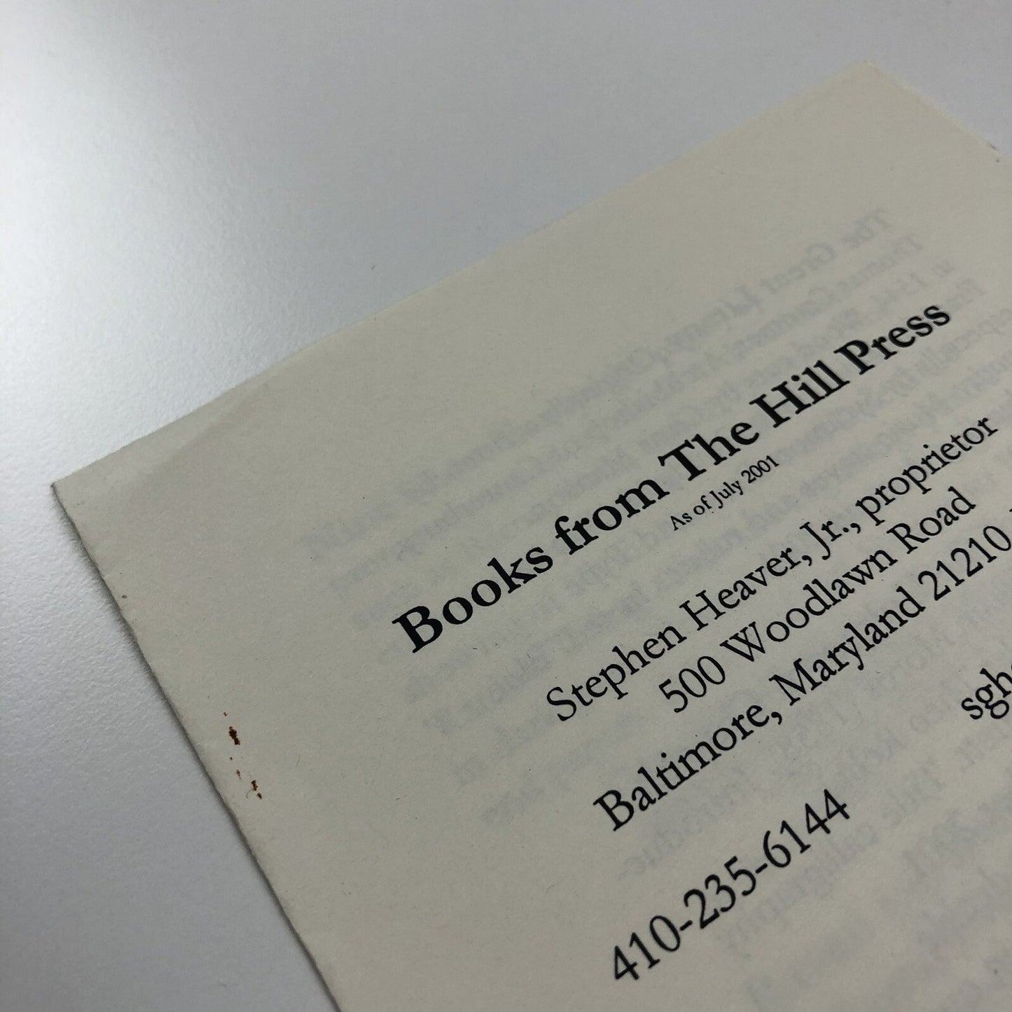 Books from The Hill Press, Baltimore as of July 2001 | Stephen Heaver
