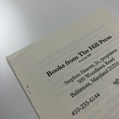 Books from The Hill Press, Baltimore as of July 2001 | Stephen Heaver
