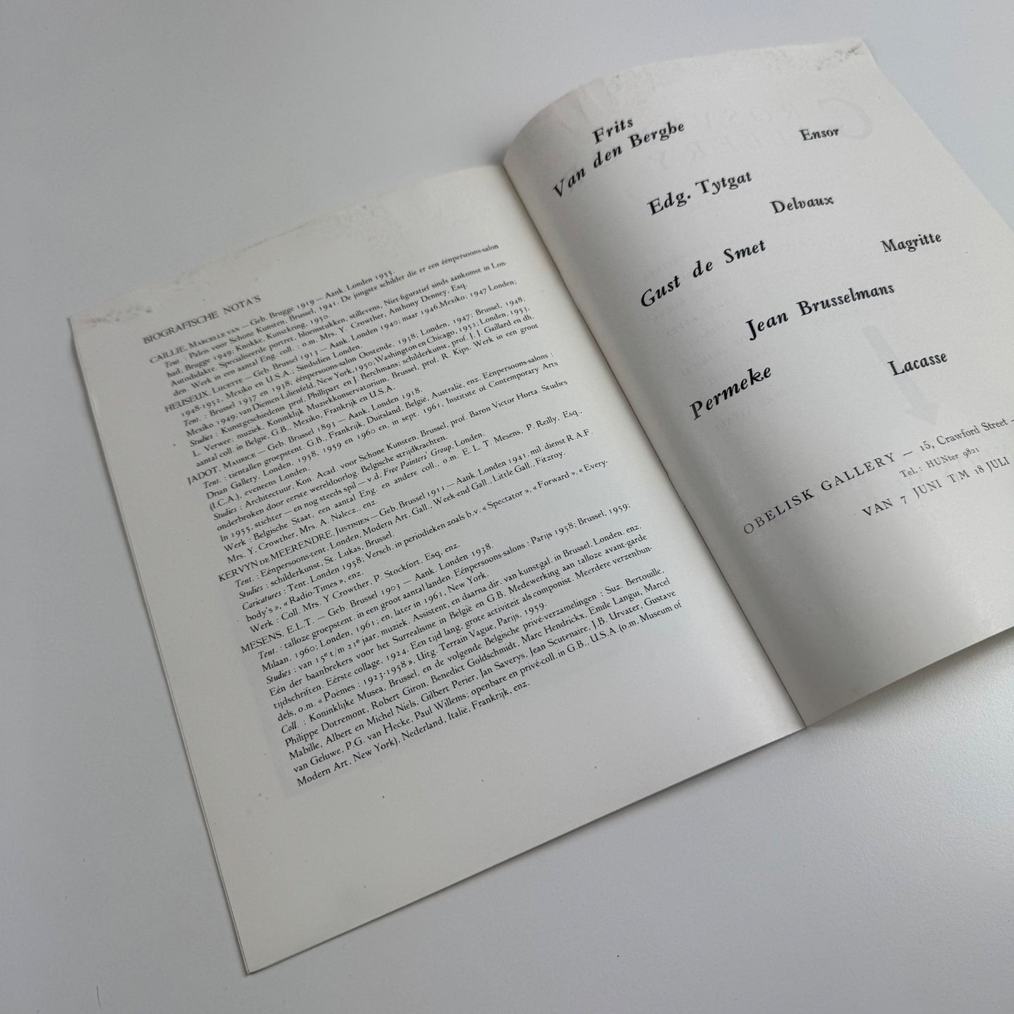 Leaflet Vijk Belgische Schilders uit Londen (Five Belgium painters) Maurice Jadot, Lucette Heseux, J. Kervyn de Meerendré, Marcelle van Caillie | Mesens 1961