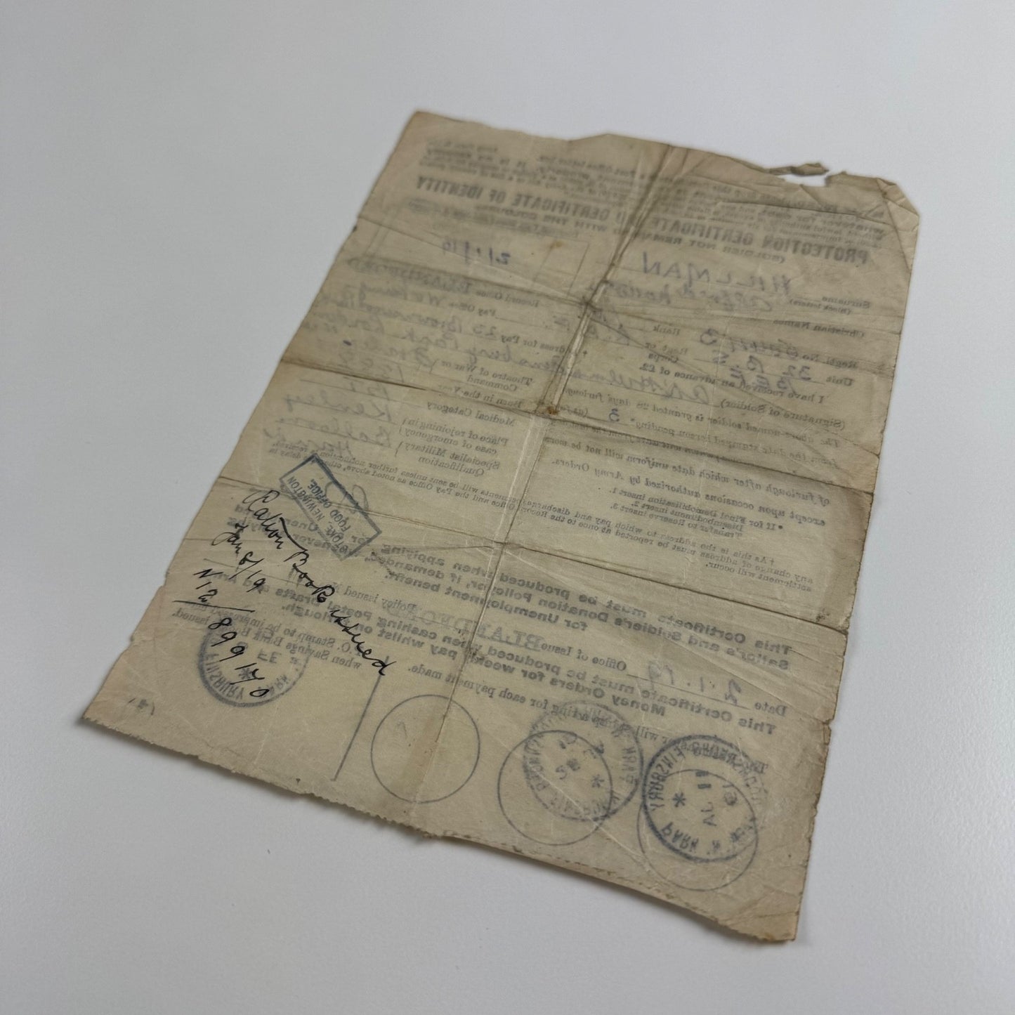 Identity certificate for Alfred Norton Hillman balloon hand 32 B.S. B.E.F. British Expeditionary Force in France. Dated 2 January 1919