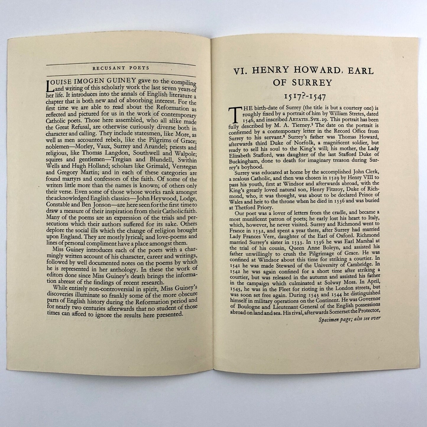 Prospectus for Recusant Poets by Louise Imogen Guiney. with a selection from their work Saint Thomas More to Ben Jonson | Sheed & Ward 1938