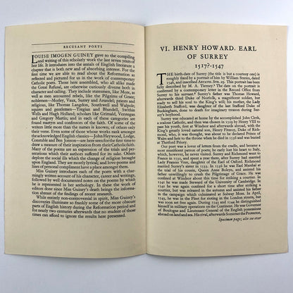Prospectus for Recusant Poets by Louise Imogen Guiney. with a selection from their work Saint Thomas More to Ben Jonson | Sheed & Ward 1938