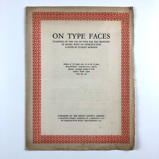 Prospectus for On Type Faces by Stanley Morison | Medici Fleuron 1923