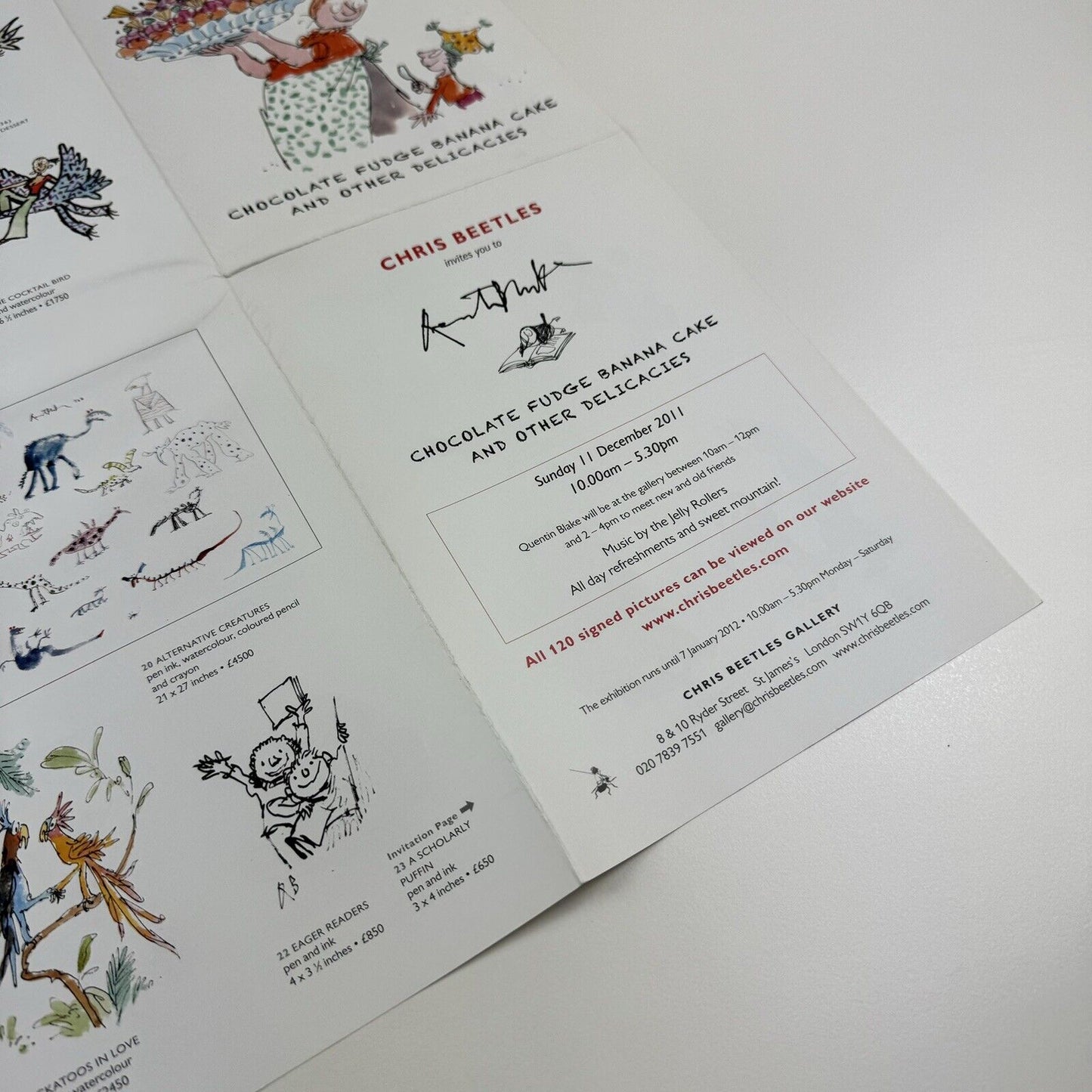 Promotional sheet/private view invite Quentin Blake Chocolate Fudge Banana Cake and Other Delicacies | Chris Beetles Gallery, 2011