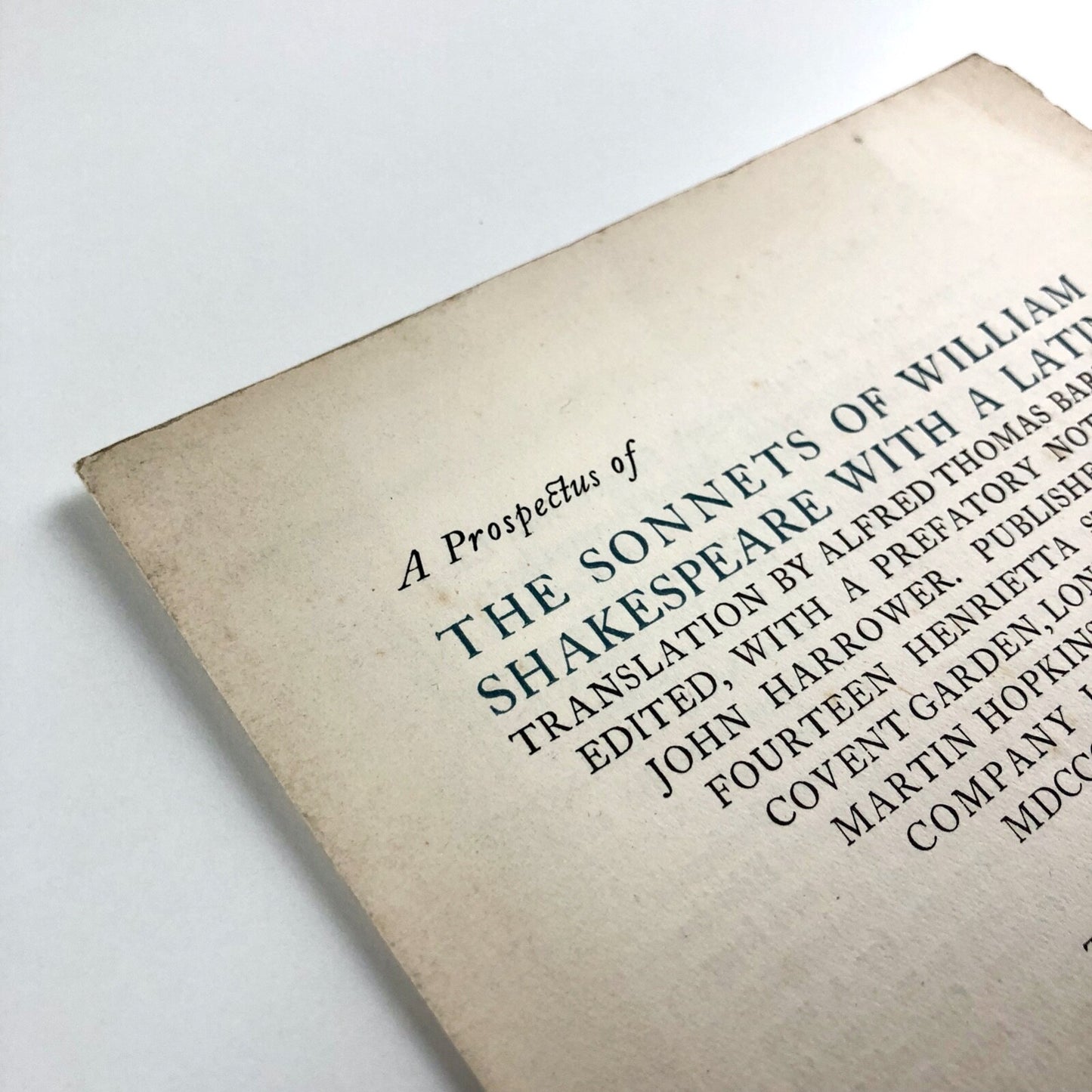 Prospectus for The Sonnets of William Shakespeare | John Harrower | Martin Hopkinson and Company, 1923