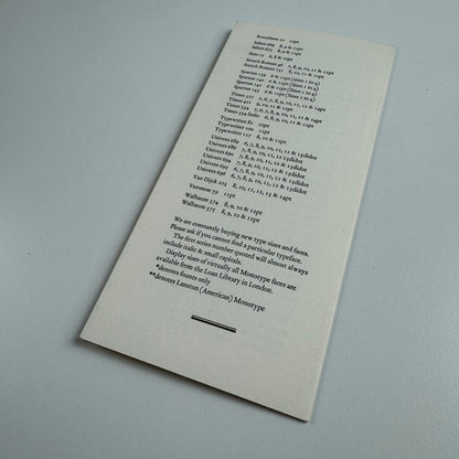 Leaflet Type Monotype faces from The Hand Press, Summer 1990