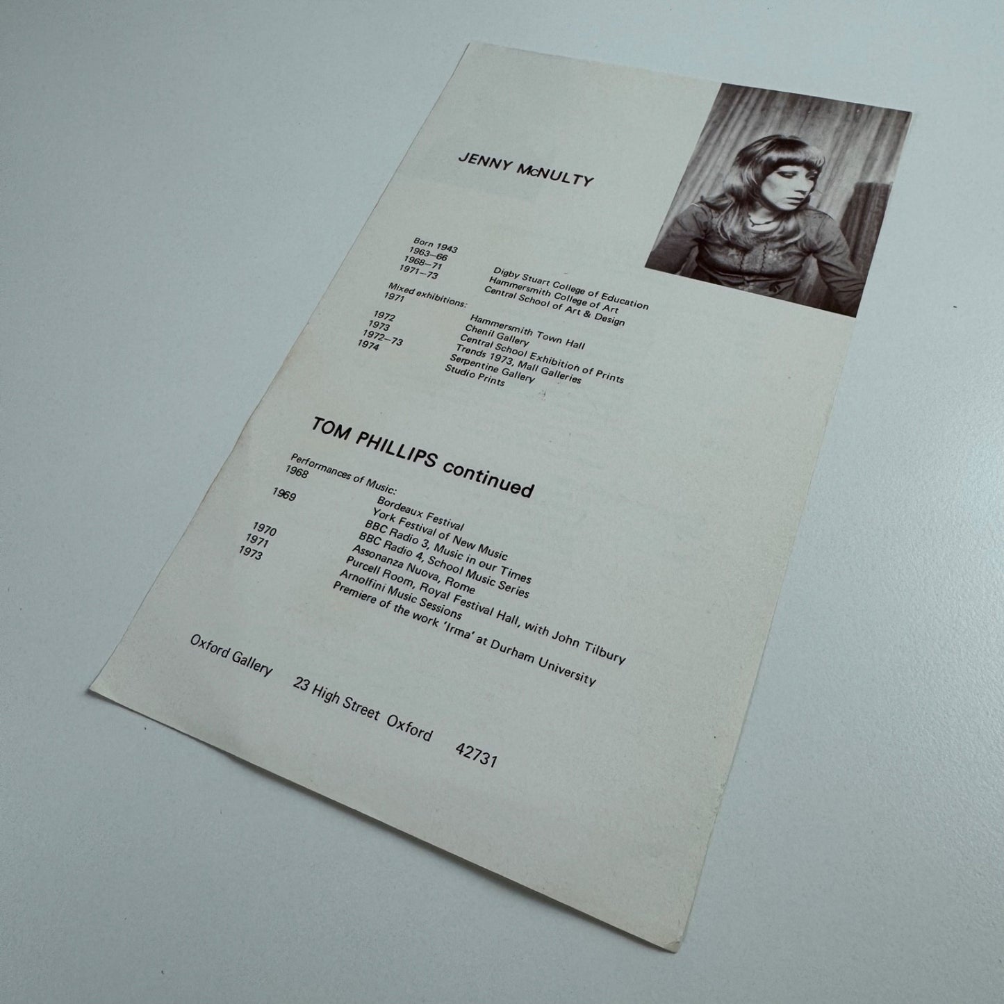 Tom Phillips and Jenny McNulty. Single sheet biographical info for Oxford Gallery, Oxford 1970s