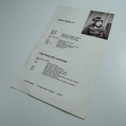 Tom Phillips and Jenny McNulty. Single sheet biographical info for Oxford Gallery, Oxford 1970s