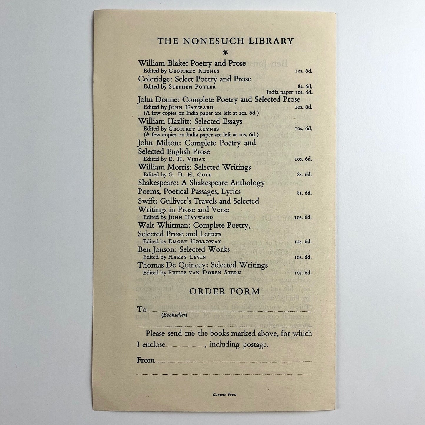 Two New Authors in the Nonesuch Press Library: Ben Jonson, Thomas De Quincey 1939 | Promotional leaflet