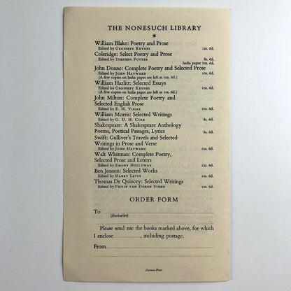 Two New Authors in the Nonesuch Press Library: Ben Jonson, Thomas De Quincey 1939 | Promotional leaflet