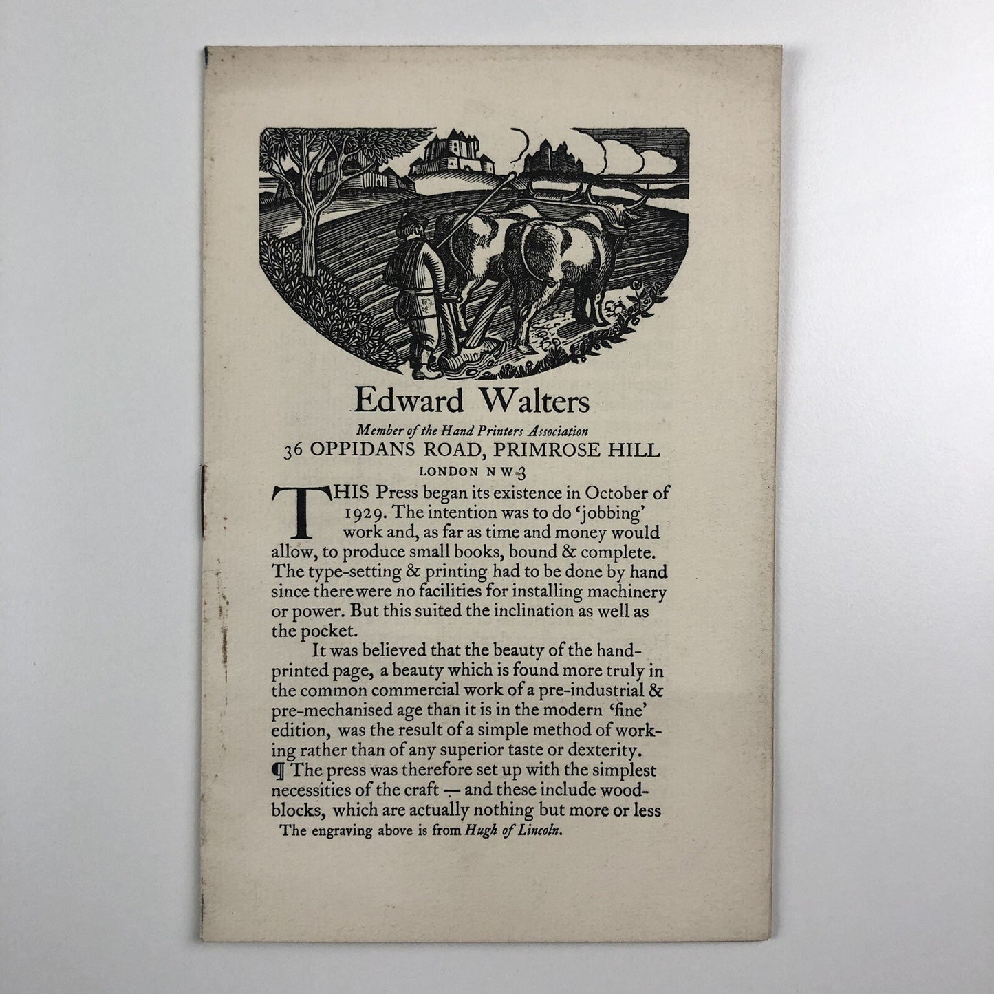 Edward Walters – Member of the Hand Printers Association | Promotional leaflet | Undated, 1930s?