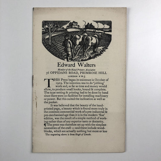Edward Walters – Member of the Hand Printers Association | Promotional leaflet | Undated, 1930s?