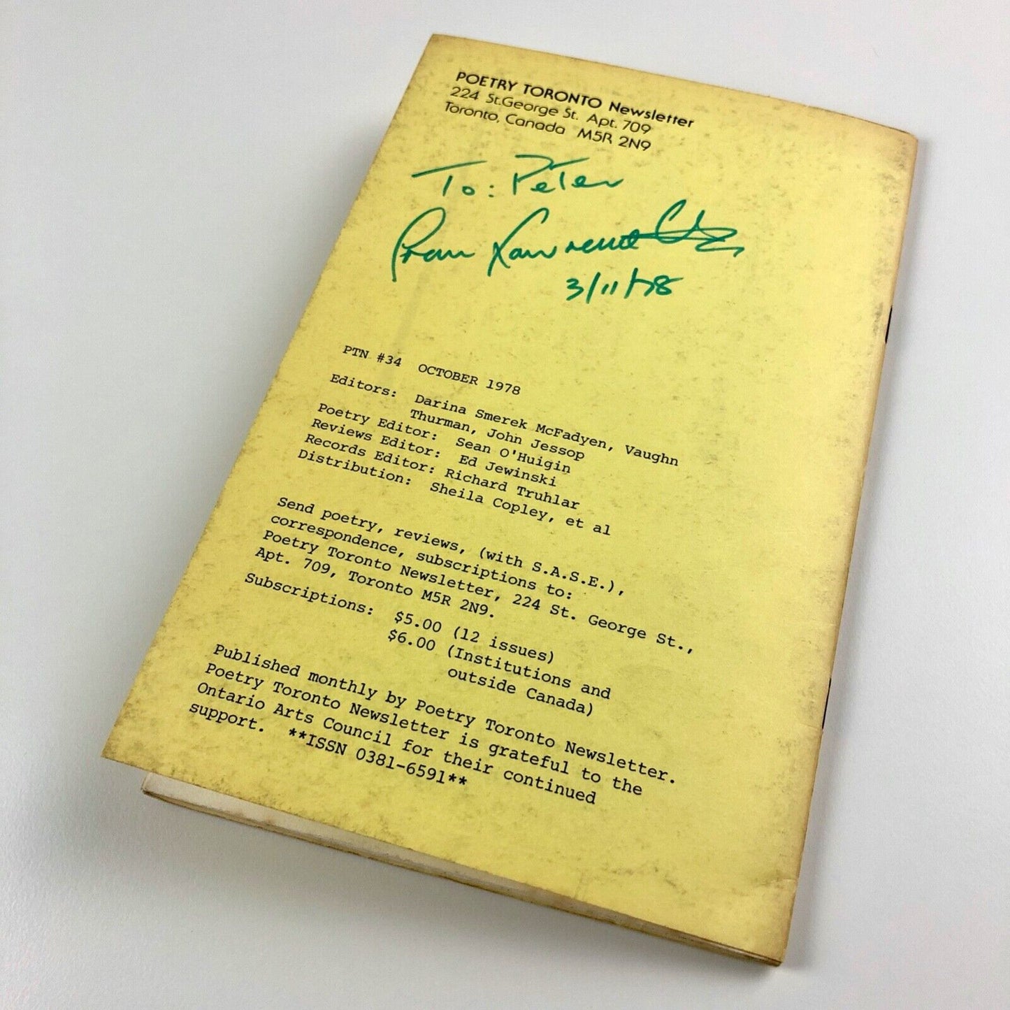 Poetry Toronto Newsletter 34, Oct 1978 | Festival of Sound Poetry | Lawrence Upton