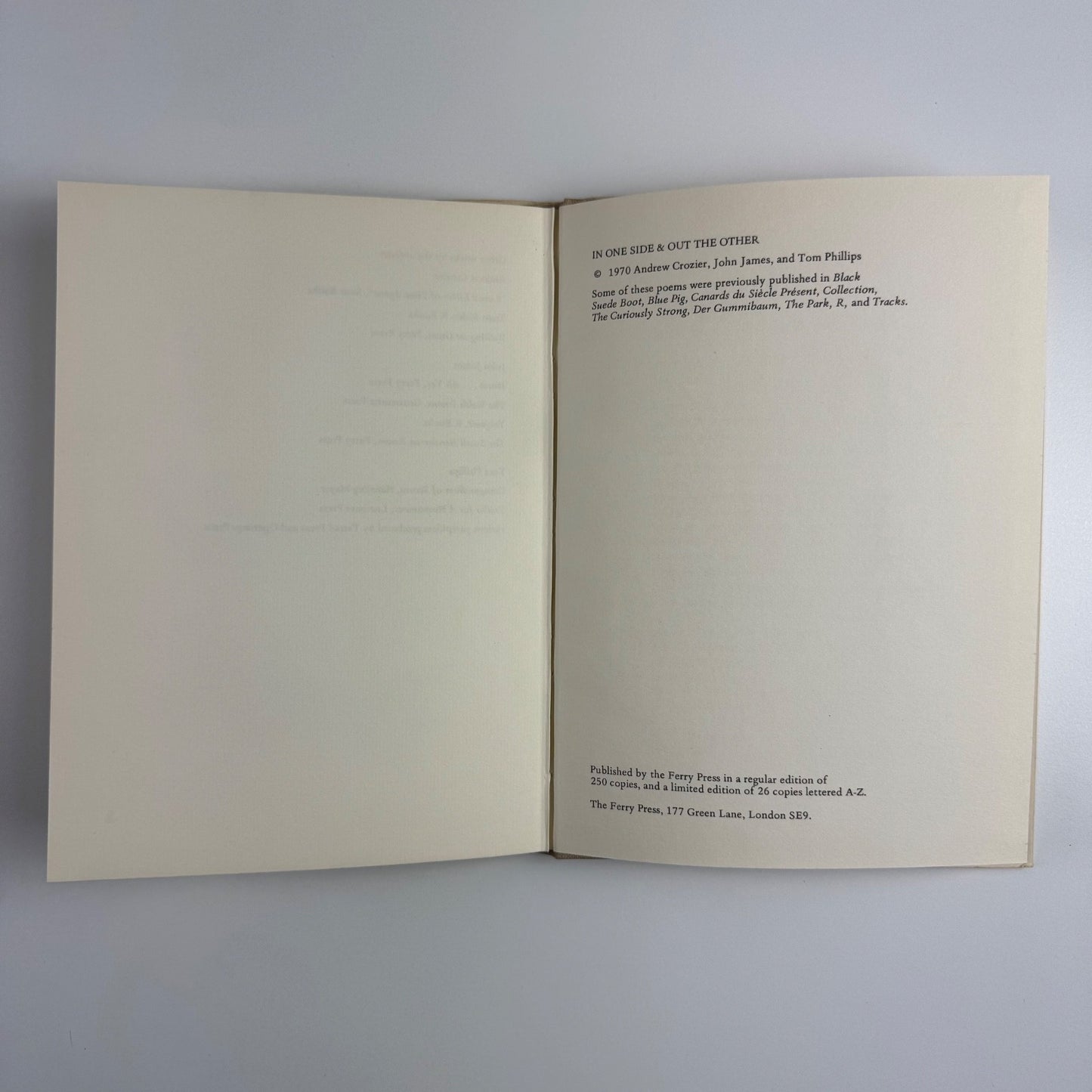In One Side & Out the Other John James Andrew Crozier Tom Phillips | Ferry Press, 1970 inscribed