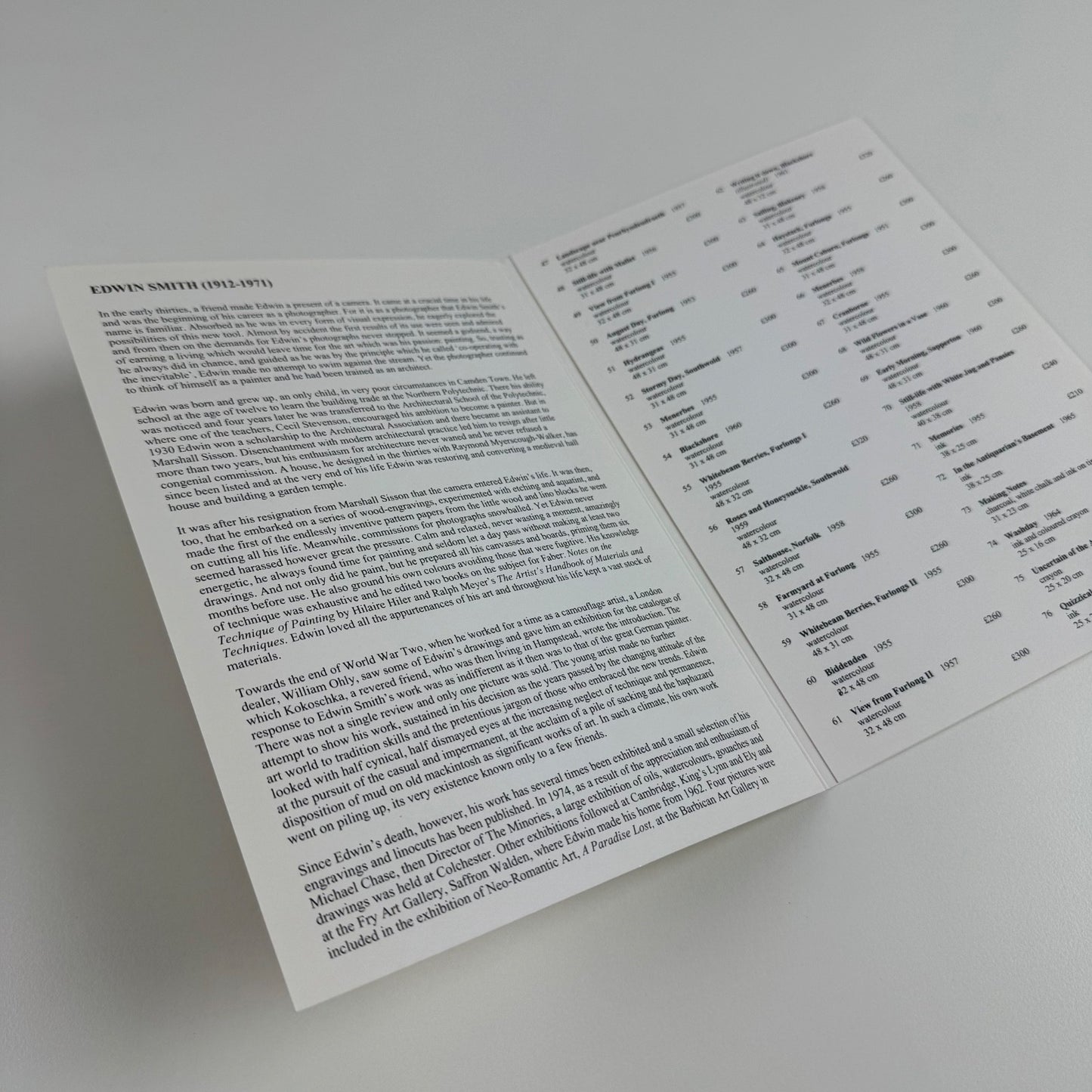 Folding card/catalogue Edwin Smith | Sally Hunter Fine Art, 1997