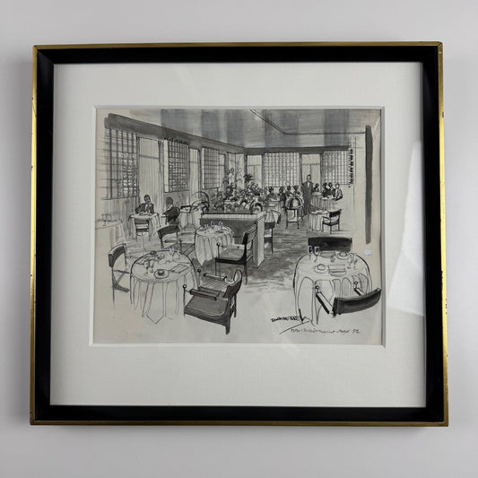 Restaurant at The Berkeley Hotel, London | Pen & ink drawing by Donald Edward Green | Includes related 1972 copy of Tatler and Bystander magazine