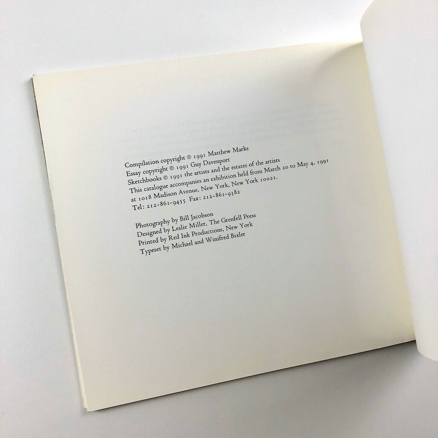 Artists' Sketchbooks. Matthew Marks, New York. With essay by Guy Davenport | Printed by The Grenfell Press, 1991
