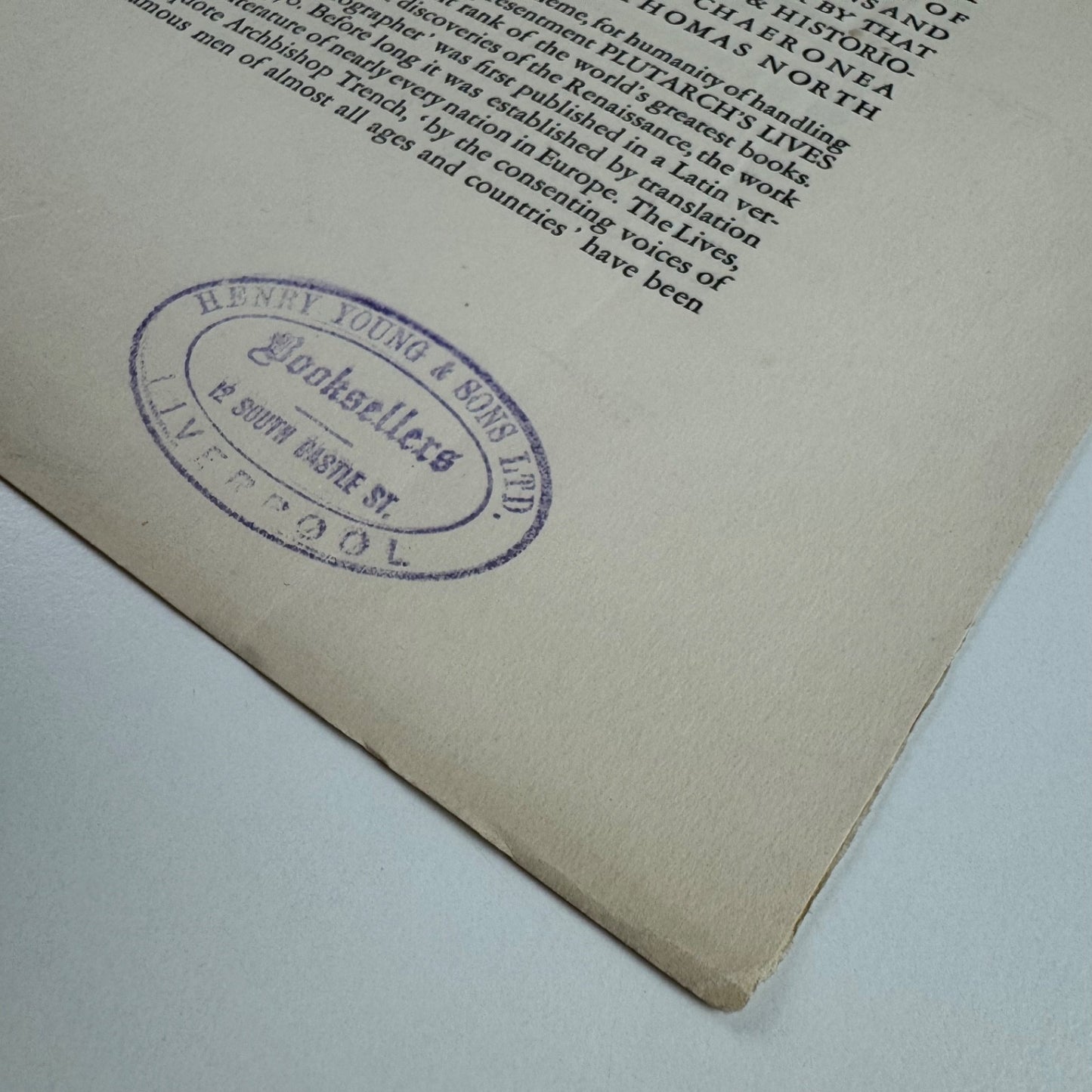 Specimen page for North’s Plutarch | Shakespeare Head Press | Stamp for Henry Young &amp; Songs Ltd booksellers Liverpool