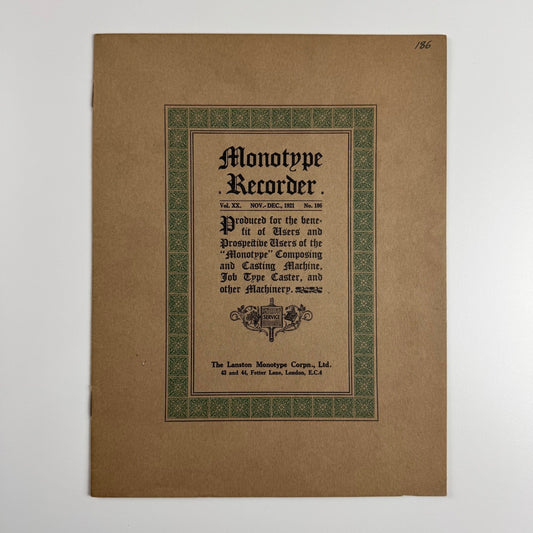 The Monotype Recorder November December 1921 Vol XX No 186