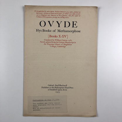 Prospectus – Ovyde Hys Booke of Methamorphose | William Caxton | Basil Blackwell 1923