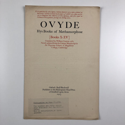 Prospectus – Ovyde Hys Booke of Methamorphose | William Caxton | Basil Blackwell 1923